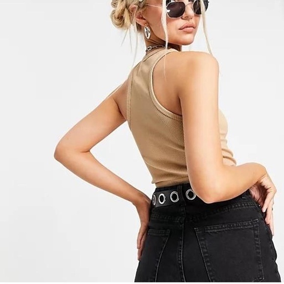 Seamless Ribbed Racer Tank in Tan - Picture 4 of 6